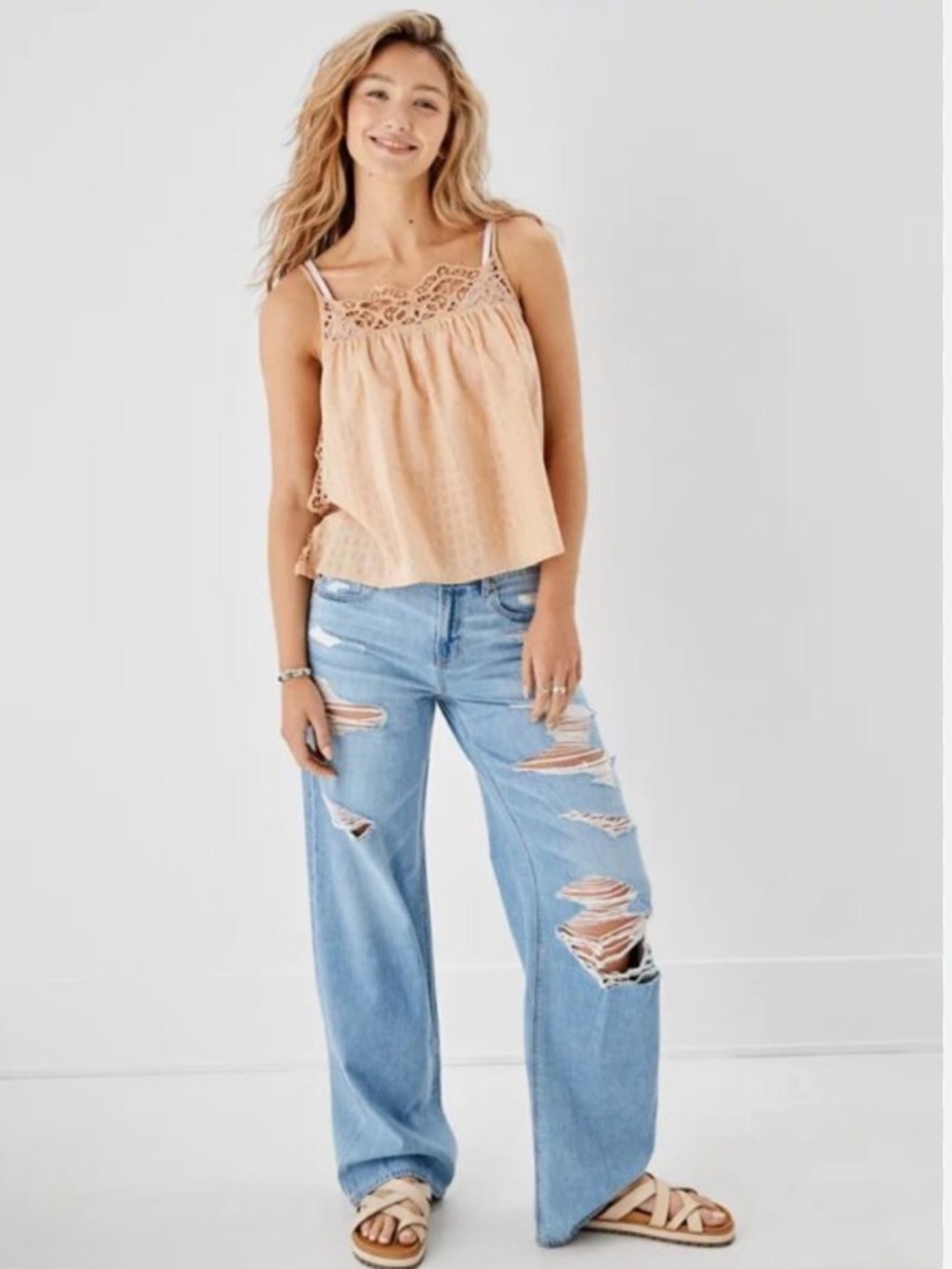American Eagle Peach Tan Gingham Crochet Lace Side Tie Tank Top Shirt Size S - Picture 4 of 15
